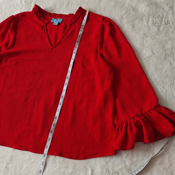 CeCe Womens V Neck Ruffle Collar Red Bell Flare Long Sleeve Holiday Blouse Large - Picture 5 of 8